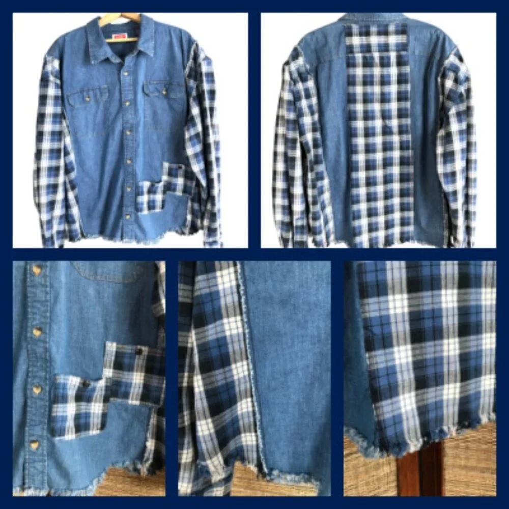 Upcycled Denim Plaid Flannel Jean Jacket, Boho Patchwork Shirt Plus Size XL - 2X - Picture 9 of 9